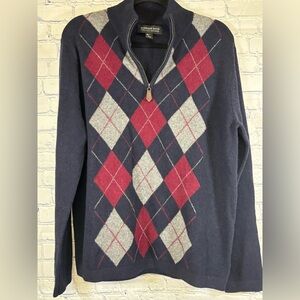 HARRISON DAVIS Navy 100% Cashmere 1/4 Zip Mock Turtleneck Men Argyle Sweater L